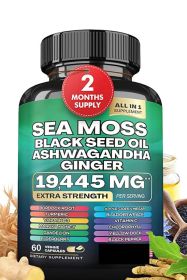 Sea Moss 7000mg Black Seed Oil 4000mg Ashwagandha 2000mg Turmeric 2000mg Bladderwrack 2000mg Burdock 2000mg & Ginger Vitamin C Vitamin D3 with Elderbe