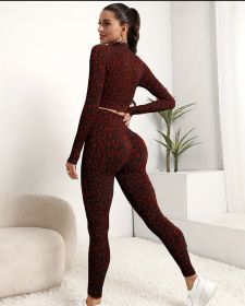 European and American new seamless leopard print fitness sports long-sleeved high-waisted honey belly tight trousers yoga suit women (Color: Wood red, size: S)