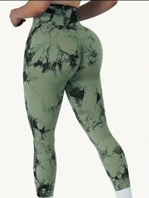 2024  New high-quality high-elastic tie-dye sports fitness trousers women's jacquard yoga trousers high-waisted peach buttocks trousers seamless outer (Color: Olive green, size: S)