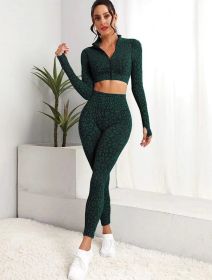 European and American new seamless leopard print fitness sports long-sleeved high-waisted honey belly tight trousers yoga suit women (Color: Dark green, size: S)