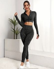 European and American new seamless leopard print fitness sports long-sleeved high-waisted honey belly tight trousers yoga suit women (Color: Black and gray, size: L)